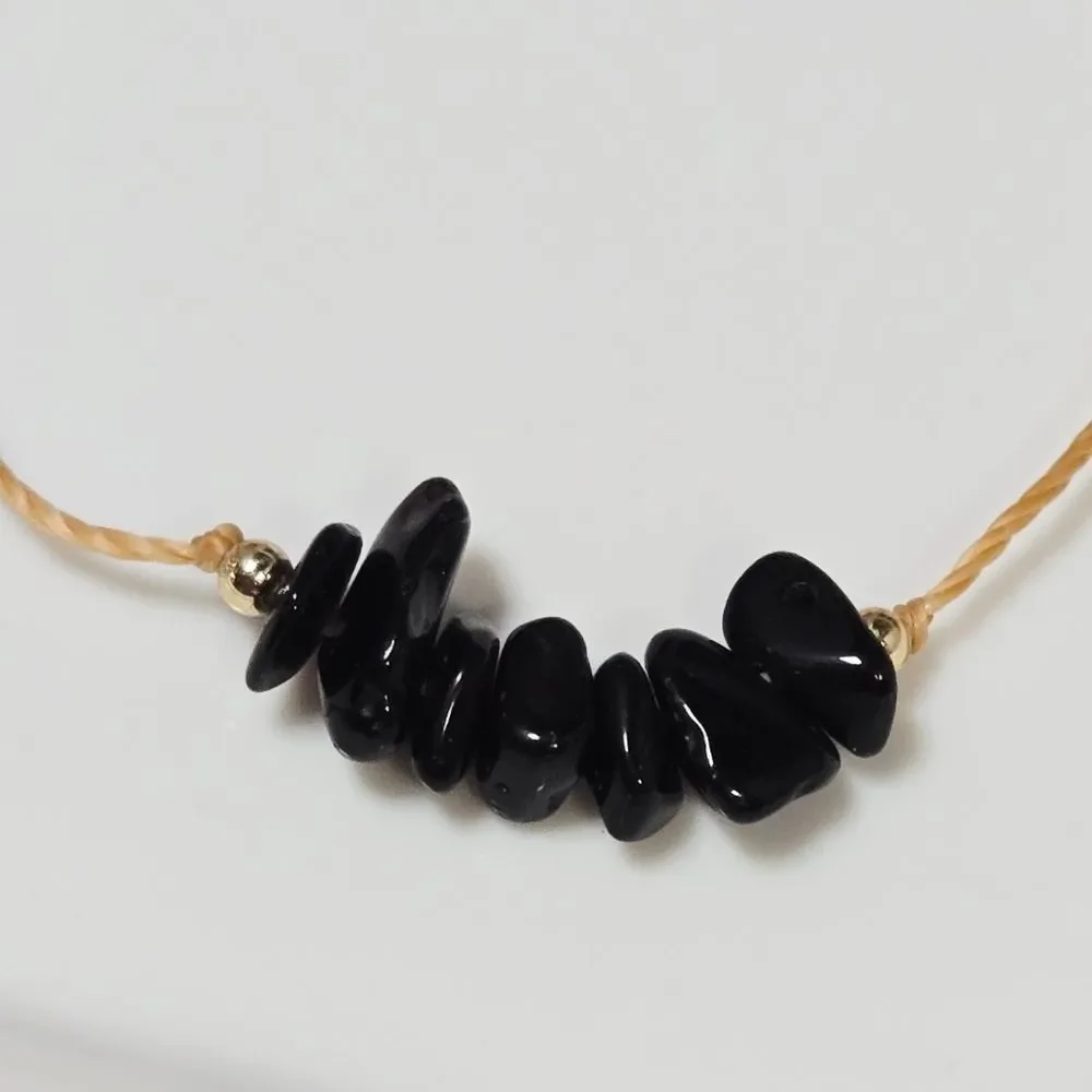 Obsidian Natural Stone Chip Bracelet Adjustable Boho Woven Cord Unisex Crystal